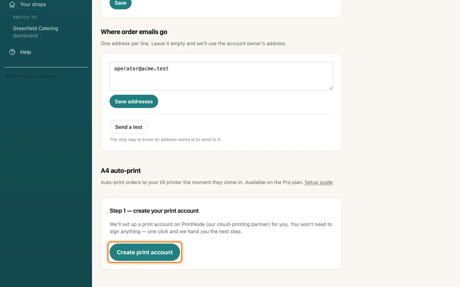 Click Create print account, highlighted on the whole screen