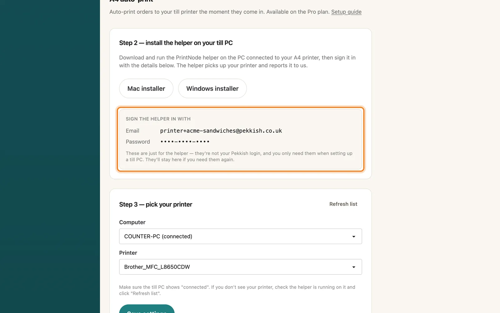 The helper's own sign-in details, highlighted on the whole screen