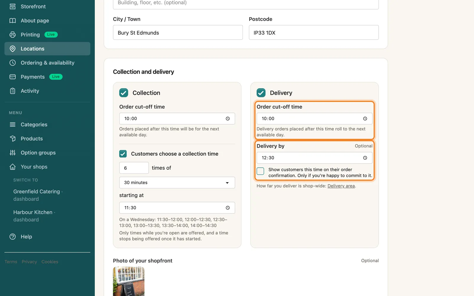 Delivery: this location's own cut-off, and an optional delivery-by time, highlighted on the whole screen