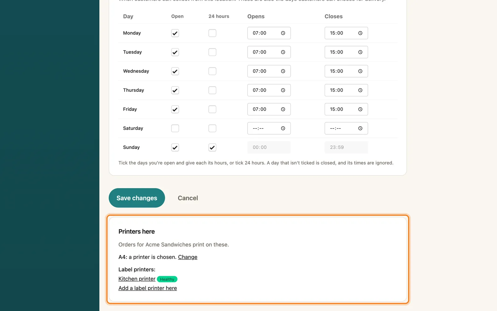 Printers here: what prints this location's orders, highlighted on the whole screen