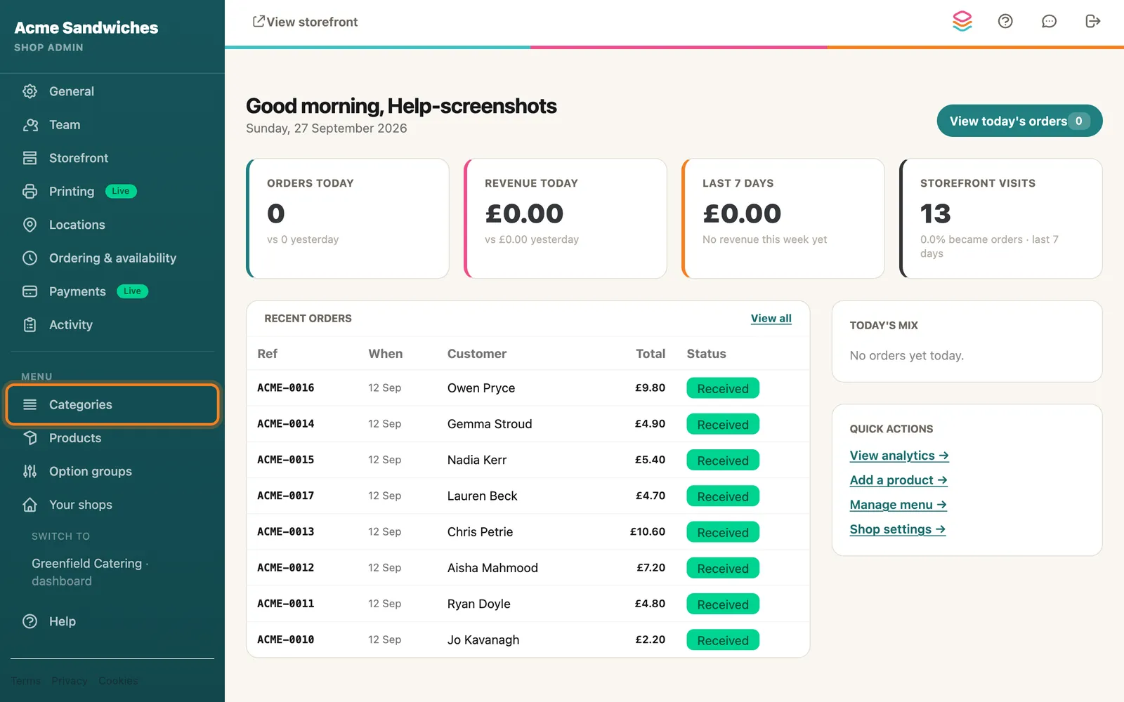 Menu → Categories, highlighted on the whole screen