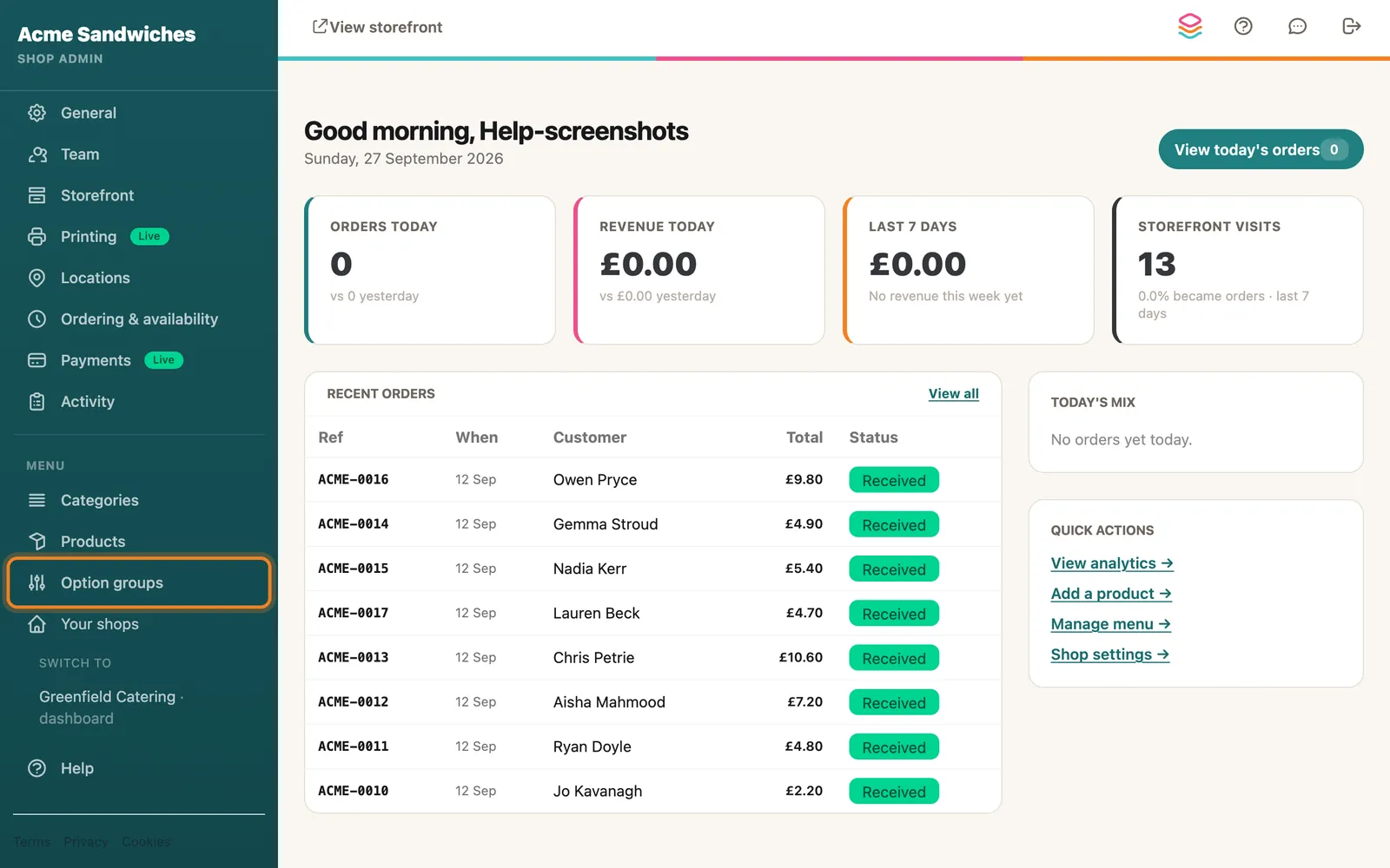 Menu → Option groups, highlighted on the whole screen