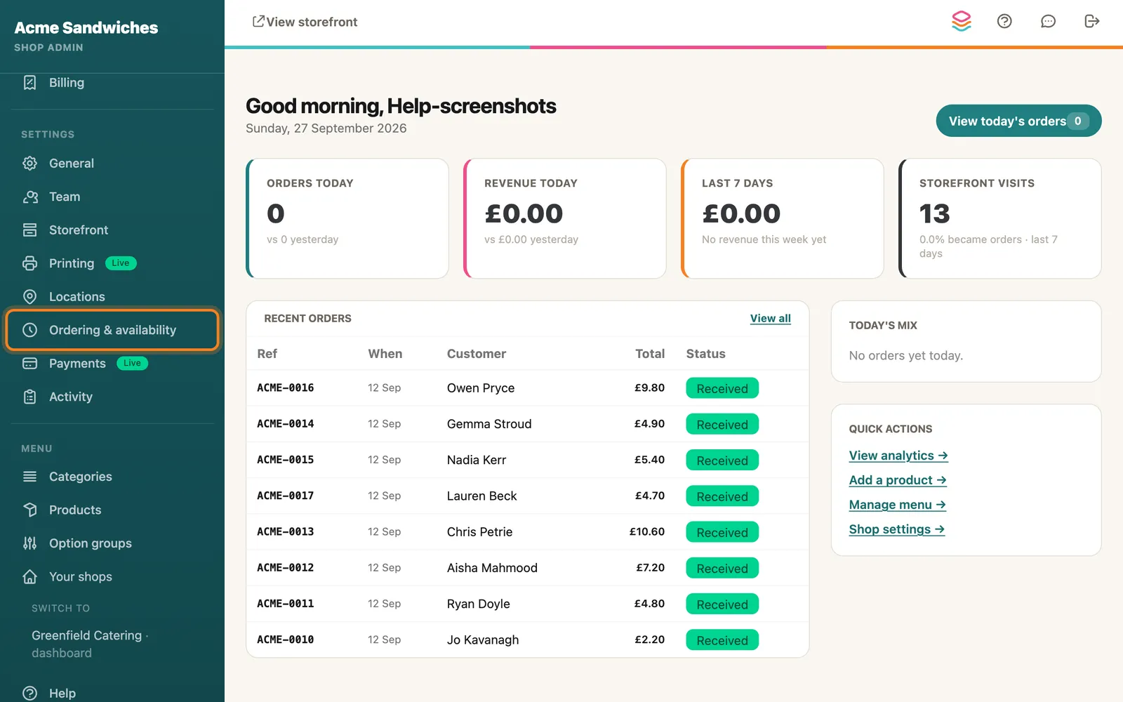 Settings → Ordering & availability, highlighted on the whole screen