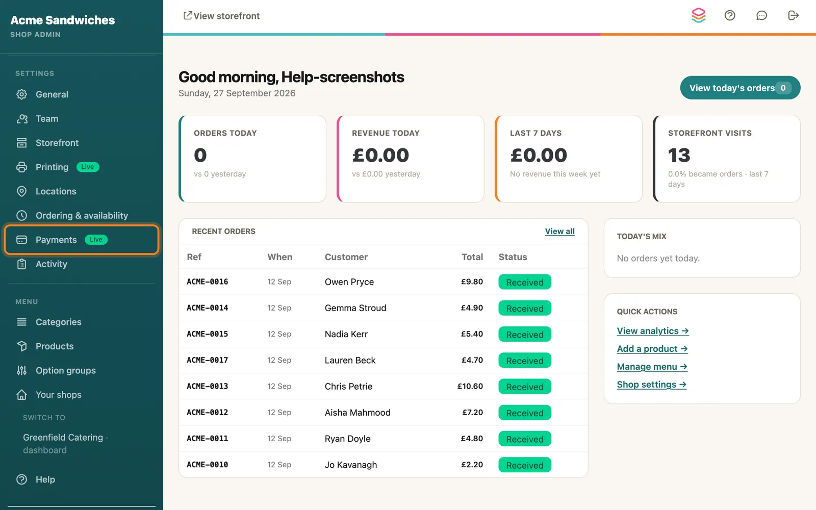 Payments, in the menu, highlighted on the whole screen