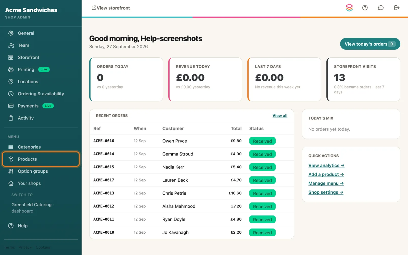 Menu → Products, highlighted on the whole screen