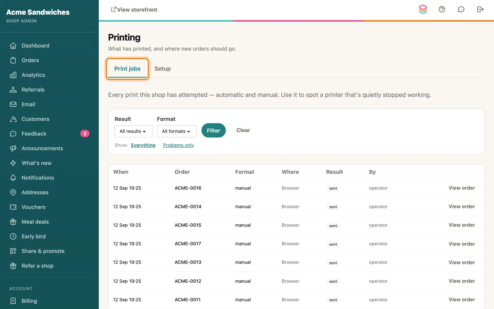The Print jobs tab, highlighted on the whole screen