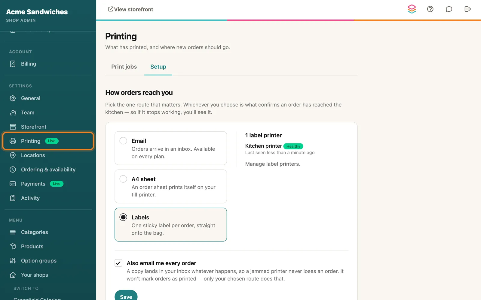 Click Printing in the menu, highlighted on the whole screen
