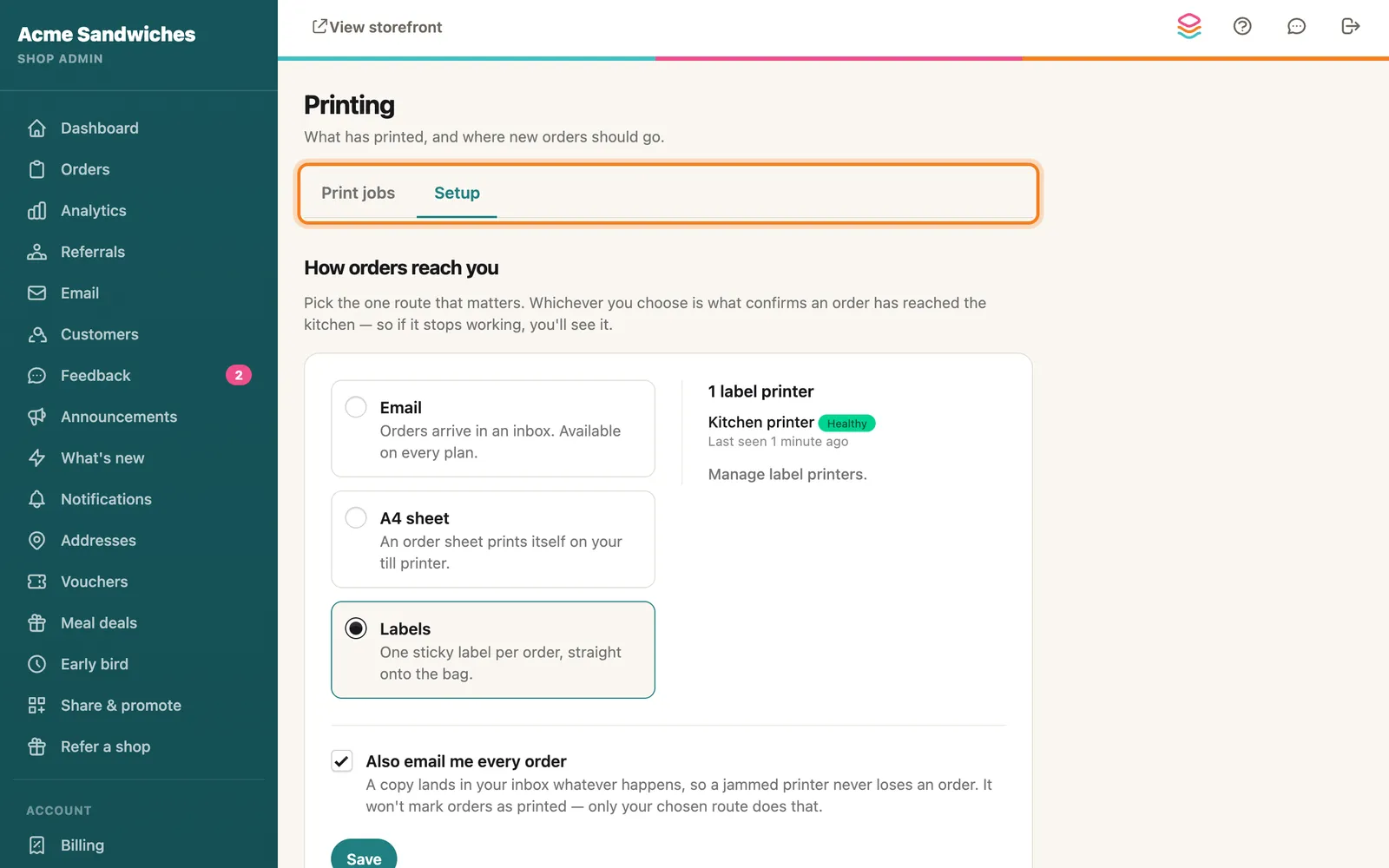 The Print jobs and Setup tabs, highlighted on the whole screen