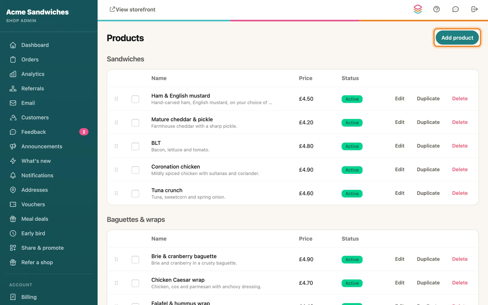 Press Add product, highlighted on the whole screen