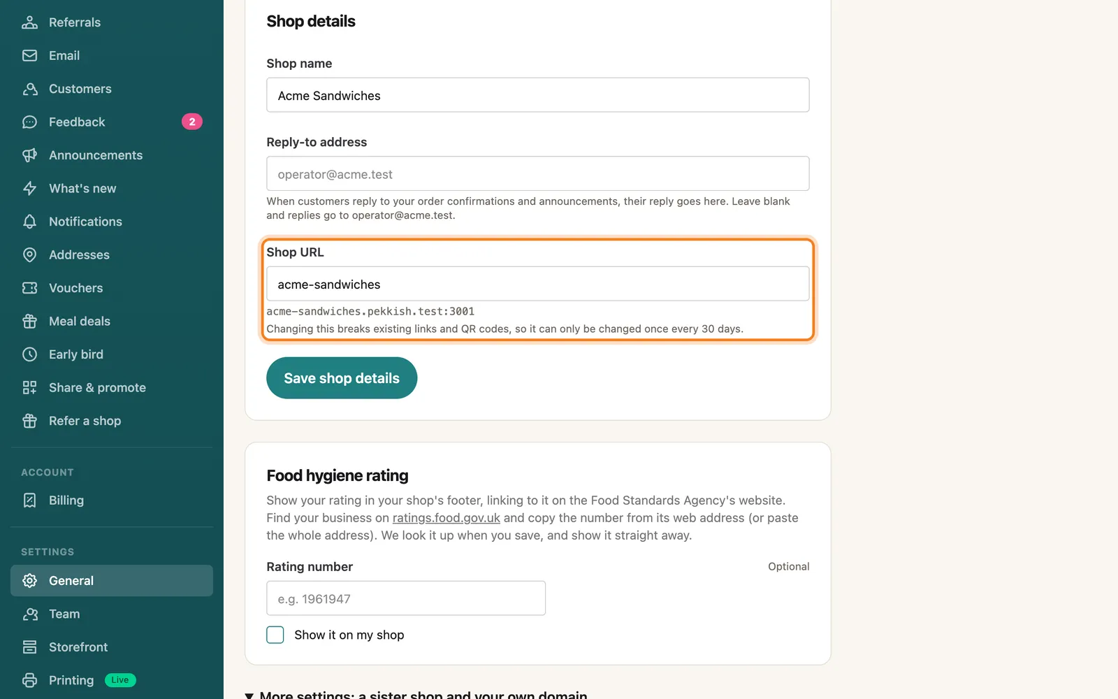 Your shop URL, under General, highlighted on the whole screen