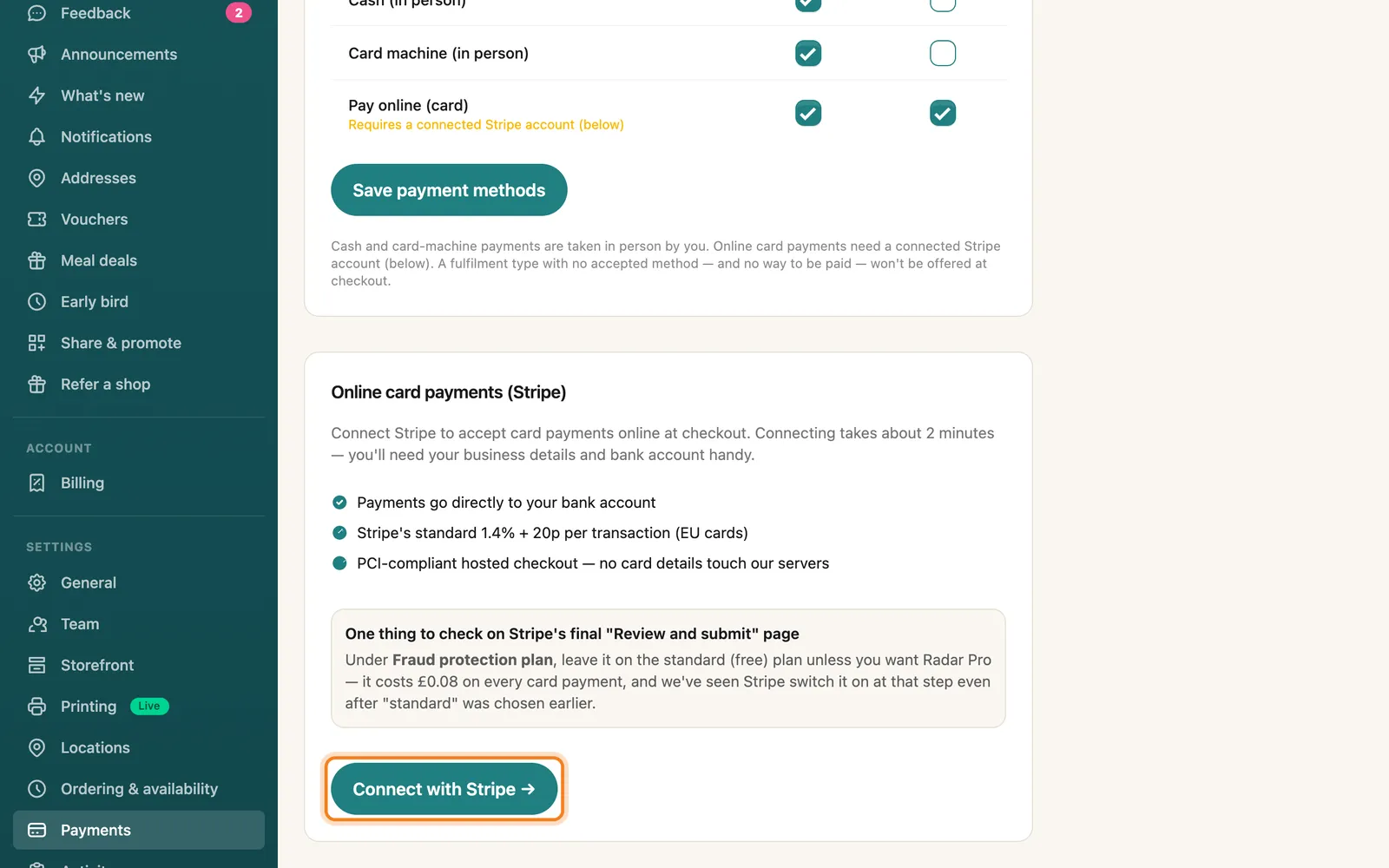 Press Connect with Stripe, highlighted on the whole screen